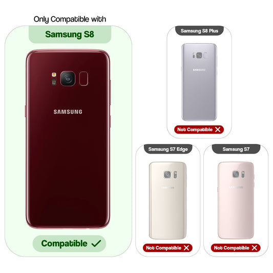 Clear hard back case compatibility guide showing fit for Samsung S8 and not compatible with other models