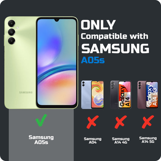 Clear hard back case compatibility guide showing fit for Samsung A05s and not compatible with other models
