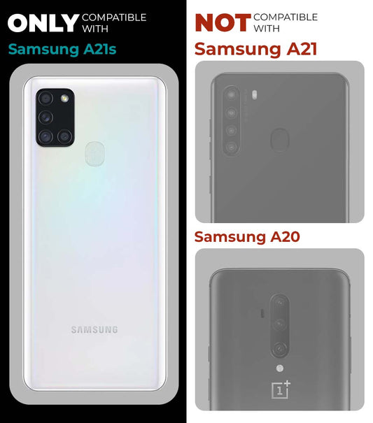 Clear hard back case compatibility guide showing fit for Samsung A21s and not compatible with other models