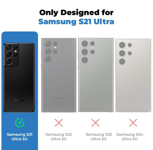 Clear hard back case compatibility guide showing fit for Samsung S21 Ultra 5G and not compatible with other models