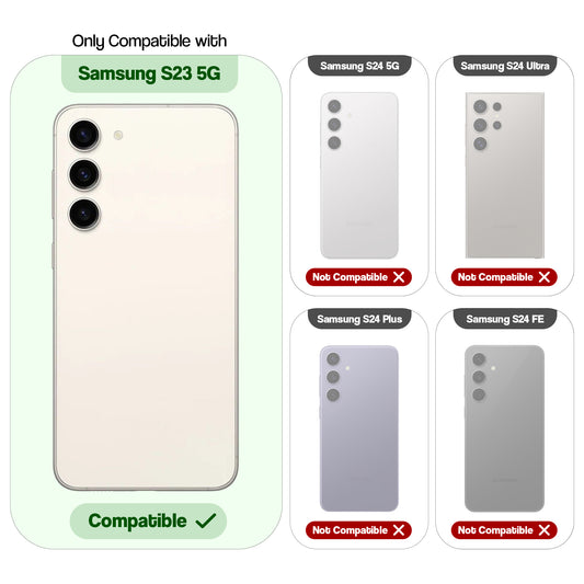 Clear hard back case compatibility guide showing fit for Samsung S23 5G and not compatible with other models