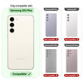 Clear hard back case compatibility guide showing fit for Samsung S23 Plus 5G and not compatible with other models