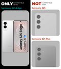 Clear hard back case compatibility guide showing fit for Samsung S25 Edge 5G and not compatible with other models