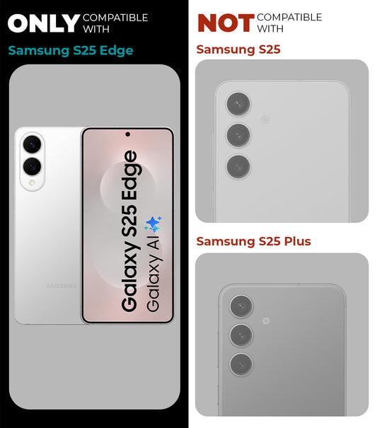 Clear hard back case compatibility guide showing fit for Samsung S25 Edge 5G and not compatible with other models