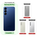 Clear hard back case compatibility guide showing fit for Samsung S25 Plus 5G and not compatible with other models