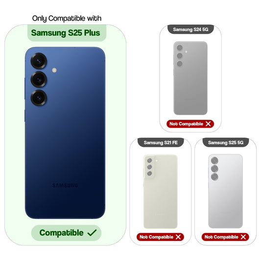 Clear hard back case compatibility guide showing fit for Samsung S25 Plus 5G and not compatible with other models
