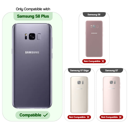 Clear hard back case compatibility guide showing fit for Samsung S8 Plus and not compatible with other models