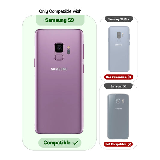 Clear hard back case compatibility guide showing fit for Samsung S9 and not compatible with other models