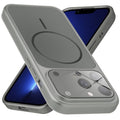 Premium silver grey converter back cover for iPhone 13 Pro Max showing the back with magnetic ring, full camera protection, and an iPhone 17–style design.