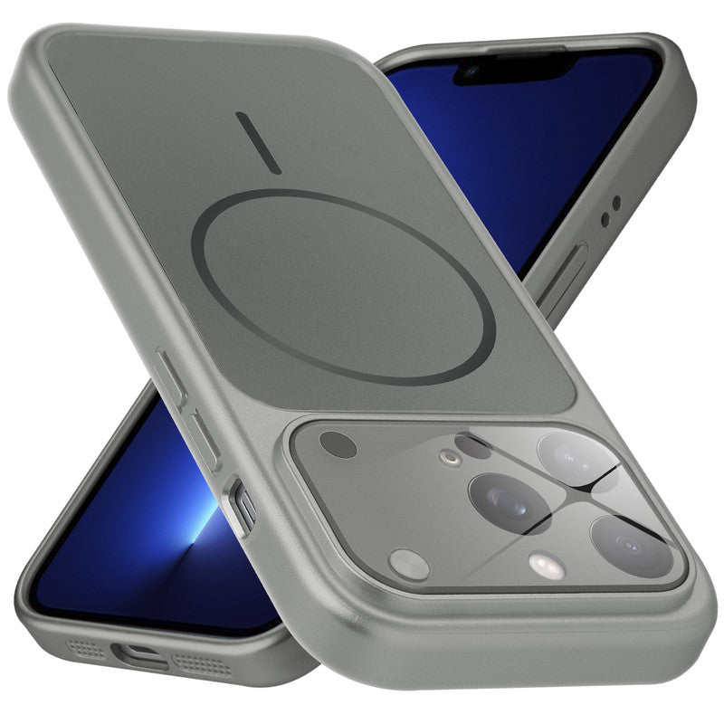 Premium silver grey converter back cover for iPhone 13 Pro Max showing the back with magnetic ring, full camera protection, and an iPhone 17–style design.