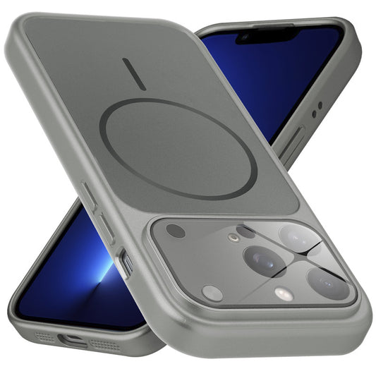 Premium silver grey converter back cover for iPhone 13 Pro Max showing the back with magnetic ring, full camera protection, and an iPhone 17–style design.
