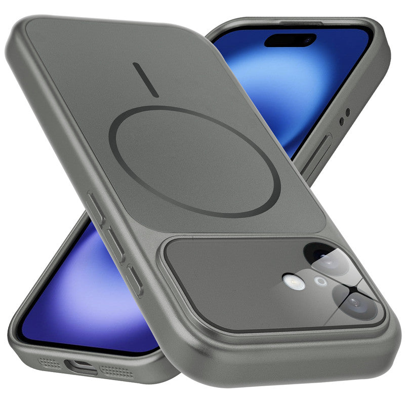 Premium silver grey converter back cover for iPhone 16 showing the back with magnetic ring, full camera protection, and an iPhone 17–style design.