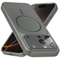 Premium silver grey converter back cover for iPhone 16 Pro showing the back with magnetic ring, full camera protection, and an iPhone 17–style design.