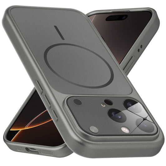Premium silver grey converter back cover for iPhone 16 Pro showing the back with magnetic ring, full camera protection, and an iPhone 17–style design.