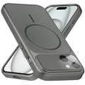 Premium silver grey converter back cover for iPhone 15 showing the back with magnetic ring, full camera protection, and an iPhone 17–style design.