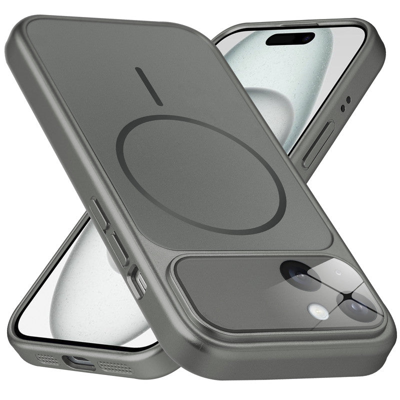 Premium silver grey converter back cover for iPhone 15 showing the back with magnetic ring, full camera protection, and an iPhone 17–style design.