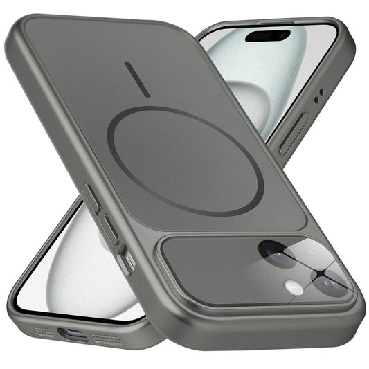 Premium silver grey converter back cover for iPhone 15 showing the back with magnetic ring, full camera protection, and an iPhone 17–style design.