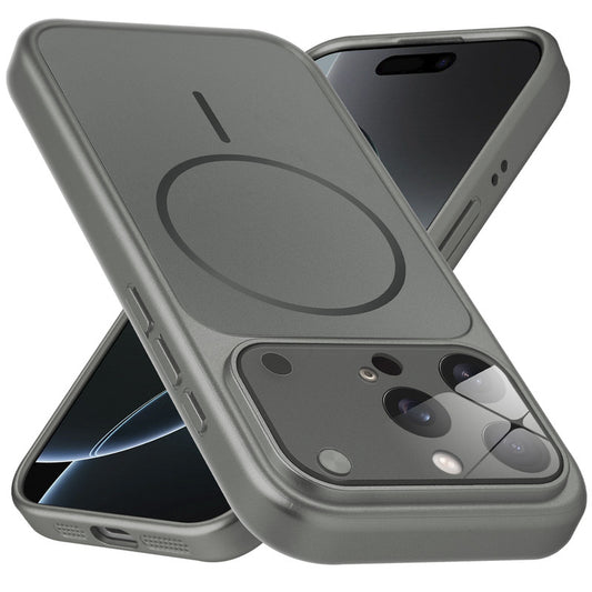 Premium silver grey converter back cover for iPhone 16 Pro Max showing the back with magnetic ring, full camera protection, and an iPhone 17–style design.