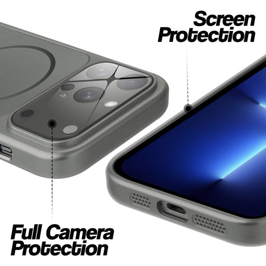 Silver Grey MagSafe back cover for iPhone 13 Pro Max showing raised edges for full camera protection and screen protection.