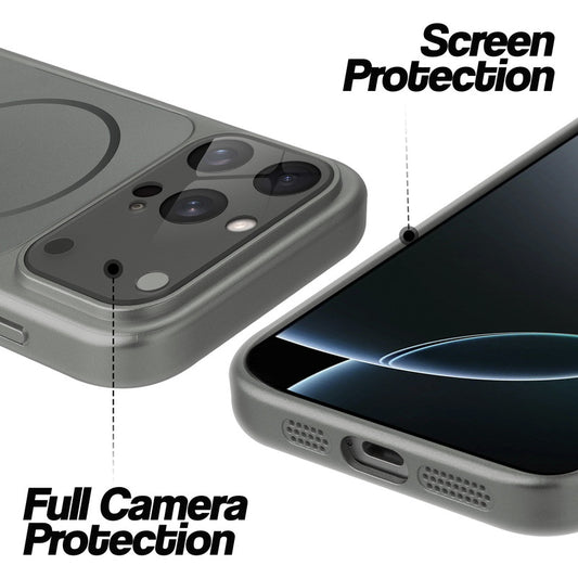Silver Grey MagSafe back cover for iPhone 16 Pro Max showing raised edges for full camera protection and screen protection.