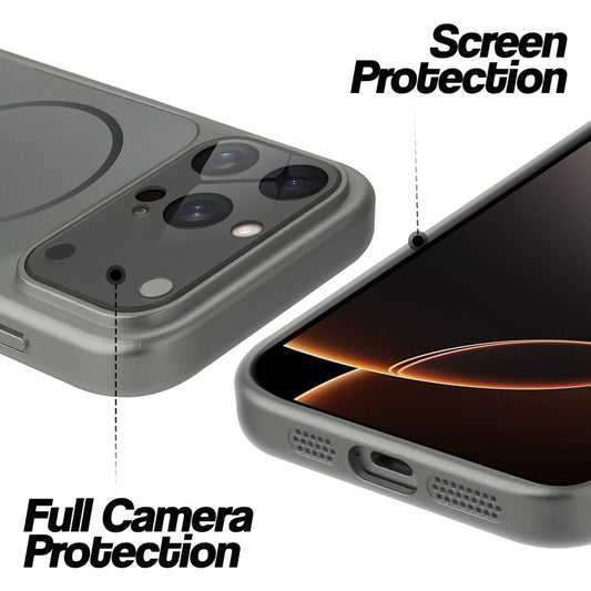 Silver Grey MagSafe back cover for iPhone 16 Pro showing raised edges for full camera protection and screen protection.