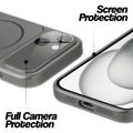 Silver Grey MagSafe back cover for iPhone 15 showing raised edges for full camera protection and screen protection.