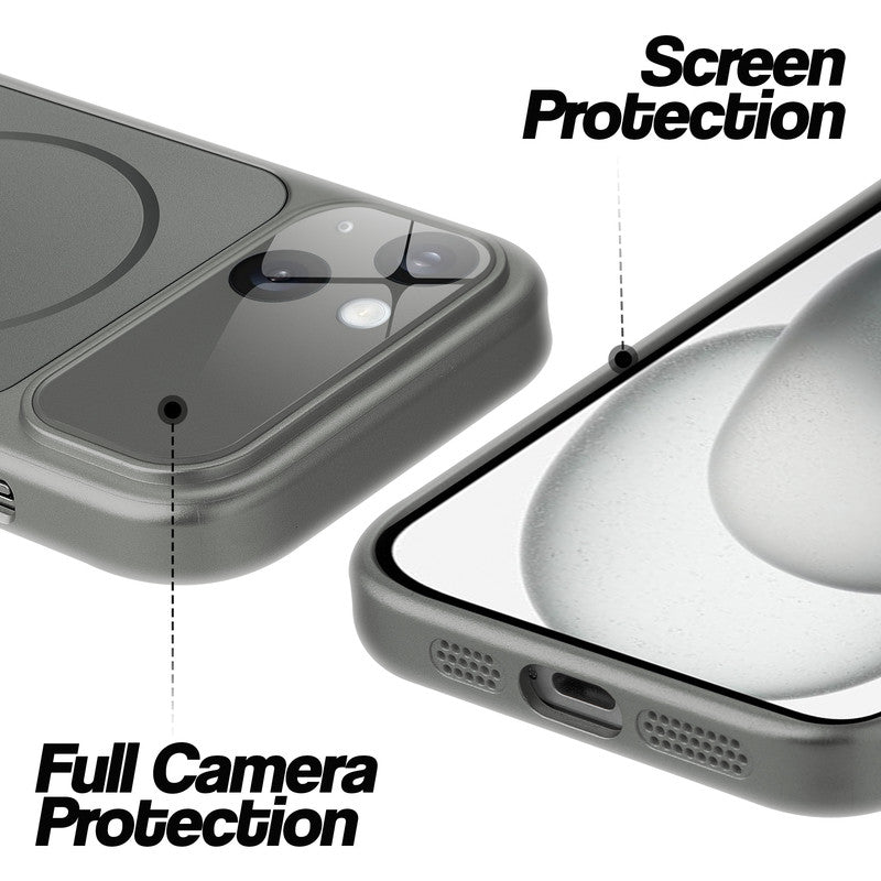 Silver Grey MagSafe back cover for iPhone 15 showing raised edges for full camera protection and screen protection.