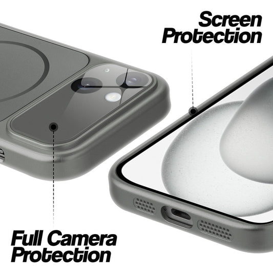 Silver Grey MagSafe back cover for iPhone 15 showing raised edges for full camera protection and screen protection.