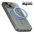 Silver Grey MagSafe compatible back cover for iPhone 15 showing strong magnetic ring for secure MagSafe attachment.