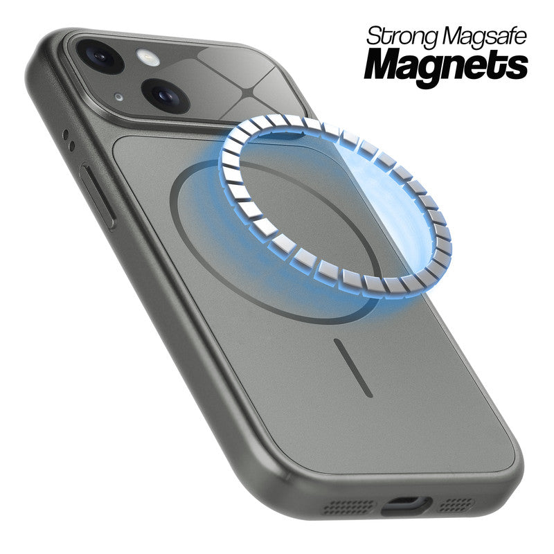 Silver Grey MagSafe compatible back cover for iPhone 15 showing strong magnetic ring for secure MagSafe attachment.