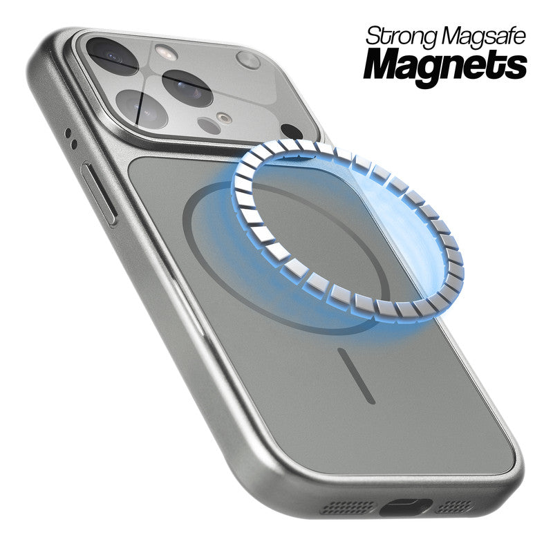 Silver Grey MagSafe compatible back cover for iPhone 15 Pro showing strong magnetic ring for secure MagSafe attachment.