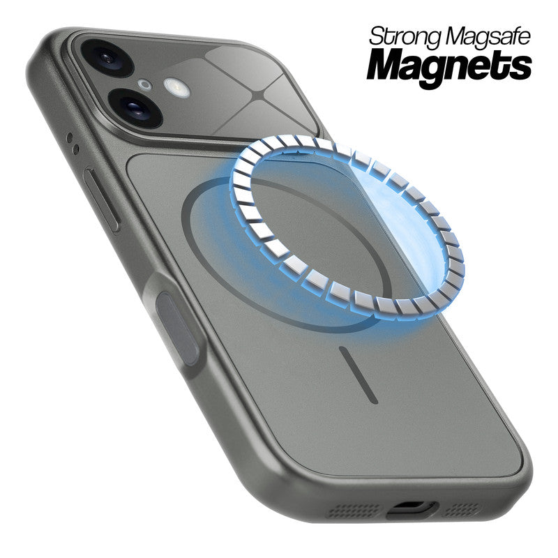 Silver Grey MagSafe compatible back cover for iPhone 16 showing strong magnetic ring for secure MagSafe attachment.