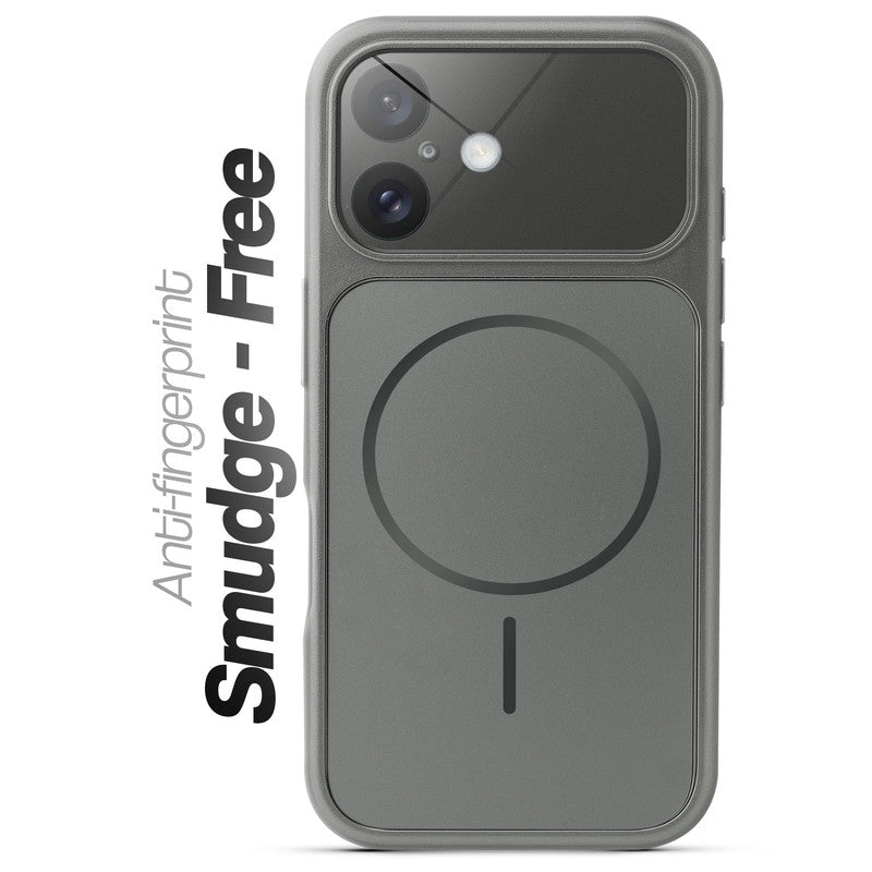 Anti-fingerprint smudge-free silver grey MagSafe back cover for iPhone 16 with matte finish.