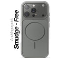 Anti-fingerprint smudge-free silver grey MagSafe back cover for iPhone 16 Pro Max with matte finish.