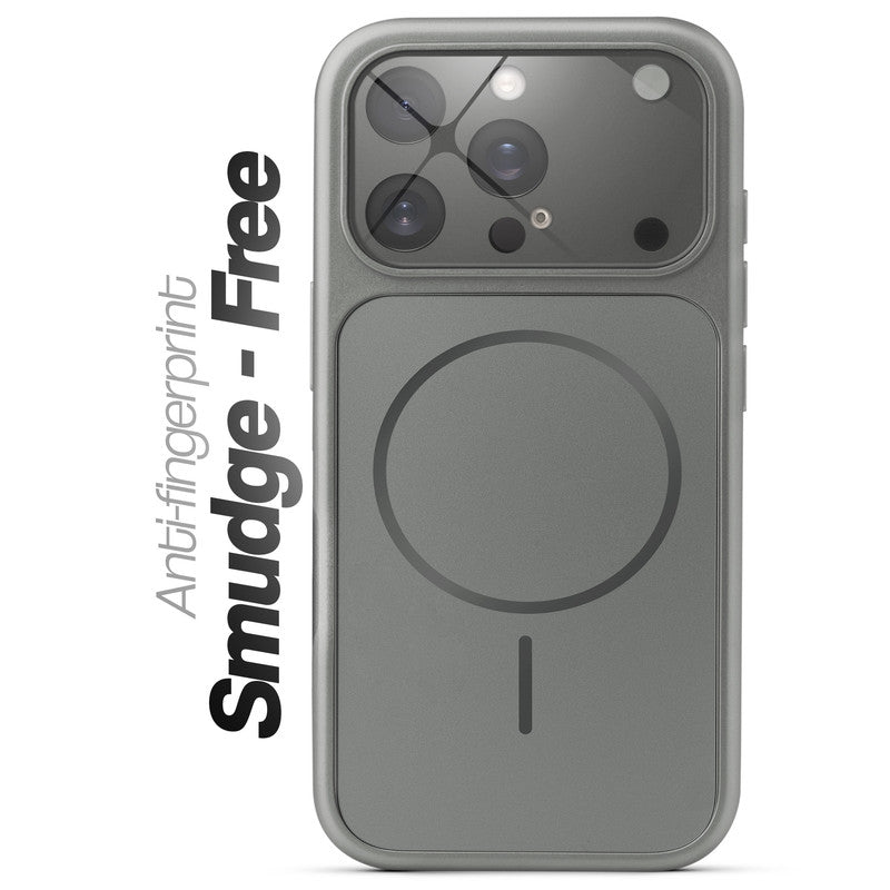 Anti-fingerprint smudge-free silver grey MagSafe back cover for iPhone 15 Pro with matte finish.