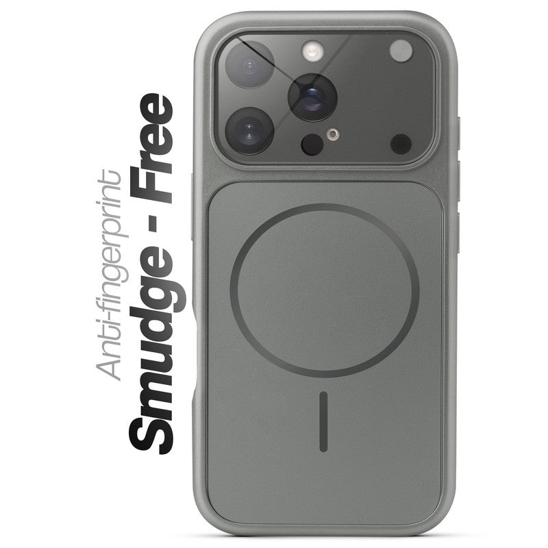 Anti-fingerprint smudge-free silver grey MagSafe back cover for iPhone 16 Pro with matte finish.