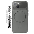 Anti-fingerprint smudge-free silver grey MagSafe back cover for iPhone 15 with matte finish.