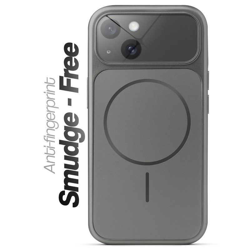 Anti-fingerprint smudge-free silver grey MagSafe back cover for iPhone 15 with matte finish.