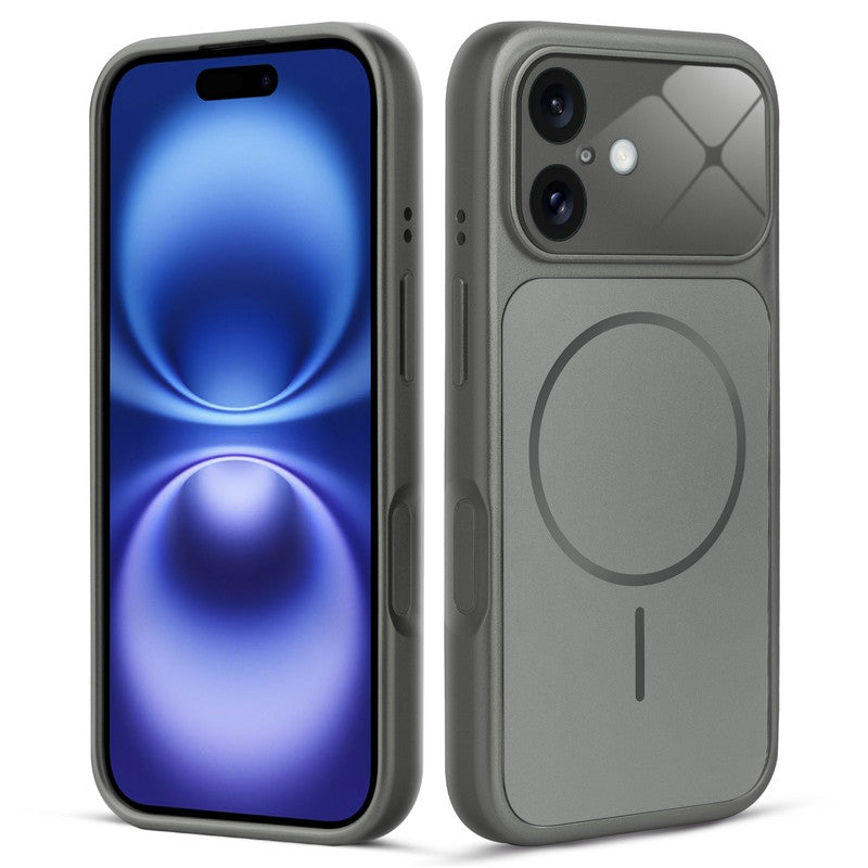 Front and back view of silver grey MagSafe back cover fitted on iPhone 16 showing slim profile and precise cutouts.