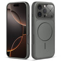 Front and back view of silver grey MagSafe back cover fitted on iPhone 16 Pro showing slim profile and precise cutouts.
