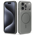 Front and back view of silver grey MagSafe back cover fitted on iPhone 15 Pro showing slim profile and precise cutouts.