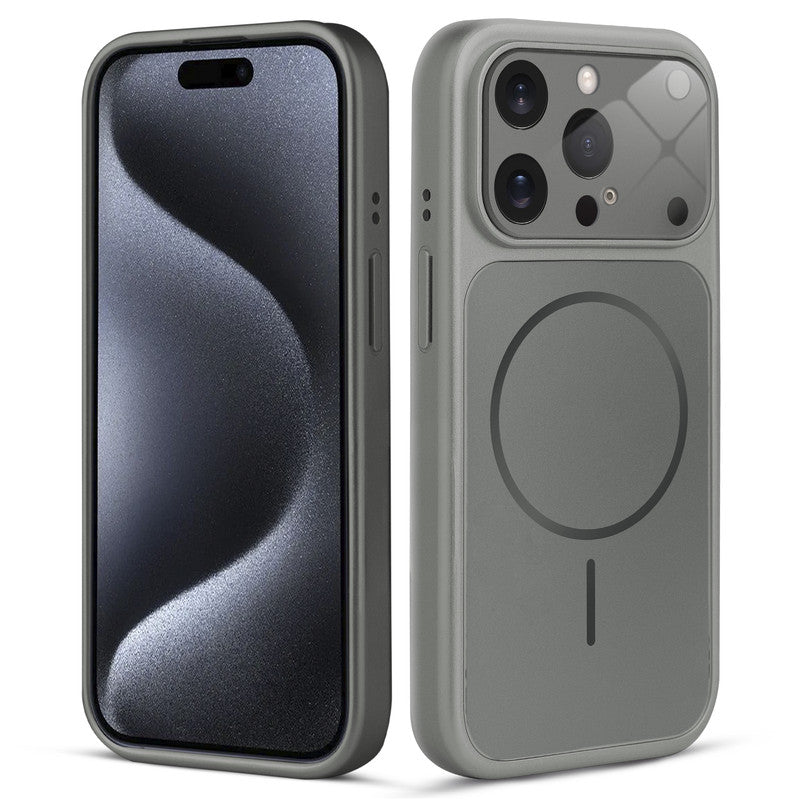 Front and back view of silver grey MagSafe back cover fitted on iPhone 15 Pro showing slim profile and precise cutouts.