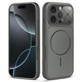 Front and back view of silver grey MagSafe back cover fitted on iPhone 16 Pro Max showing slim profile and precise cutouts.