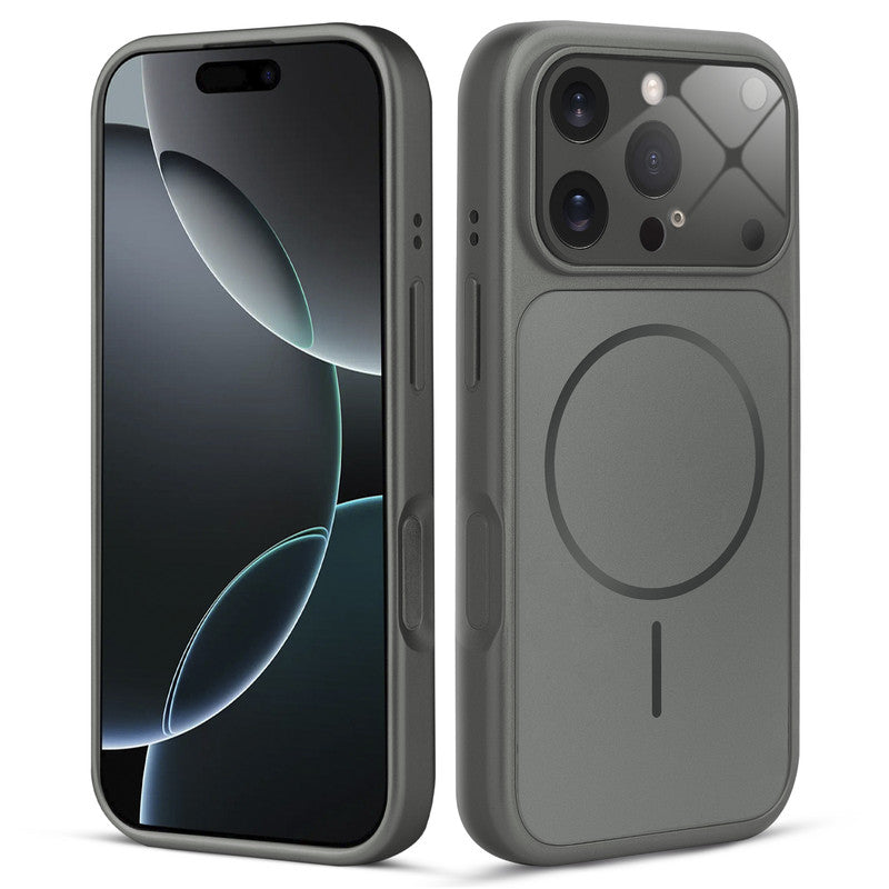 Front and back view of silver grey MagSafe back cover fitted on iPhone 16 Pro Max showing slim profile and precise cutouts.