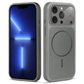 Front and back view of silver grey MagSafe back cover fitted on iPhone 13 Pro showing slim profile and precise cutouts.