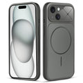 Front and back view of silver grey MagSafe back cover fitted on iPhone 15 showing slim profile and precise cutouts.