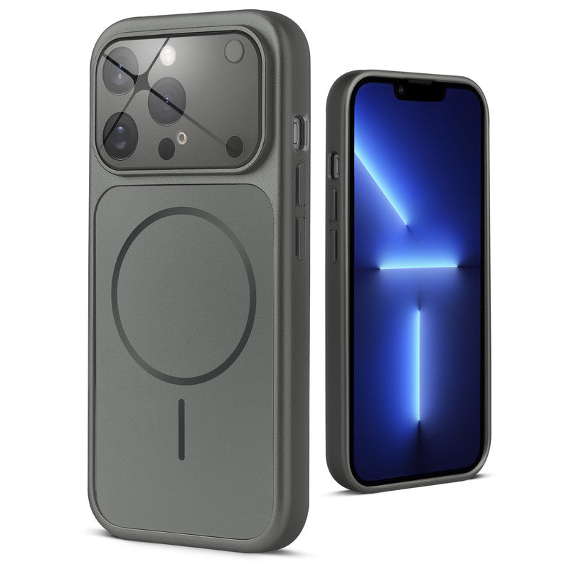 Back view of silver grey MagSafe back cover for iPhone 13 Pro Max highlighting magnetic ring design and camera protection.