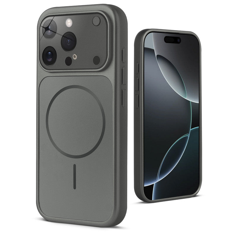 Back view of silver grey MagSafe back cover for iPhone 16 Pro Max highlighting magnetic ring design and camera protection.