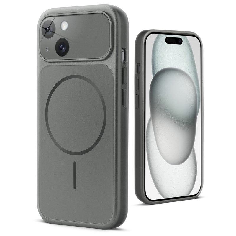 Back view of silver grey MagSafe back cover for iPhone 15 highlighting magnetic ring design and camera protection.