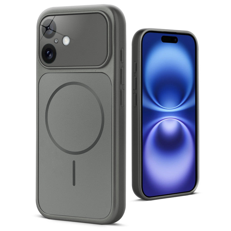 Back view of silver grey MagSafe back cover for iPhone 16 highlighting magnetic ring design and camera protection.